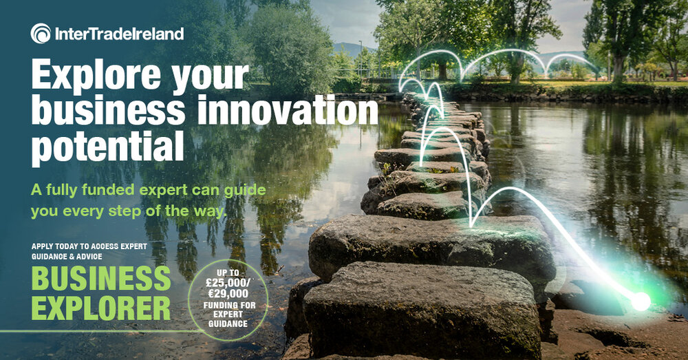 Graphic for the Business Explorer programme showing a ray of light bouncing off stepping stones, leading to text describing the programme: A fully funded expert can guide you every step of the way. Apply today to access expert guidance and advice. Up to £25,000/€29,000 funding for expert guidance.
