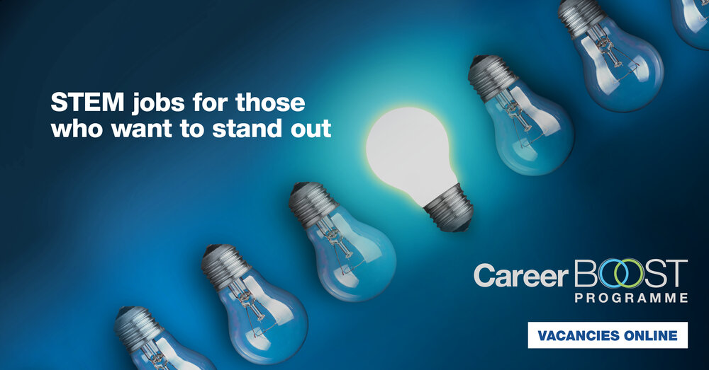 Graphic for the Career Boost Programme showing five unlit lightbulbs with one lit bulb. Surrounding text displays: STEM jobs for those who want to stand out. Career Boost Programme, vacancies online.